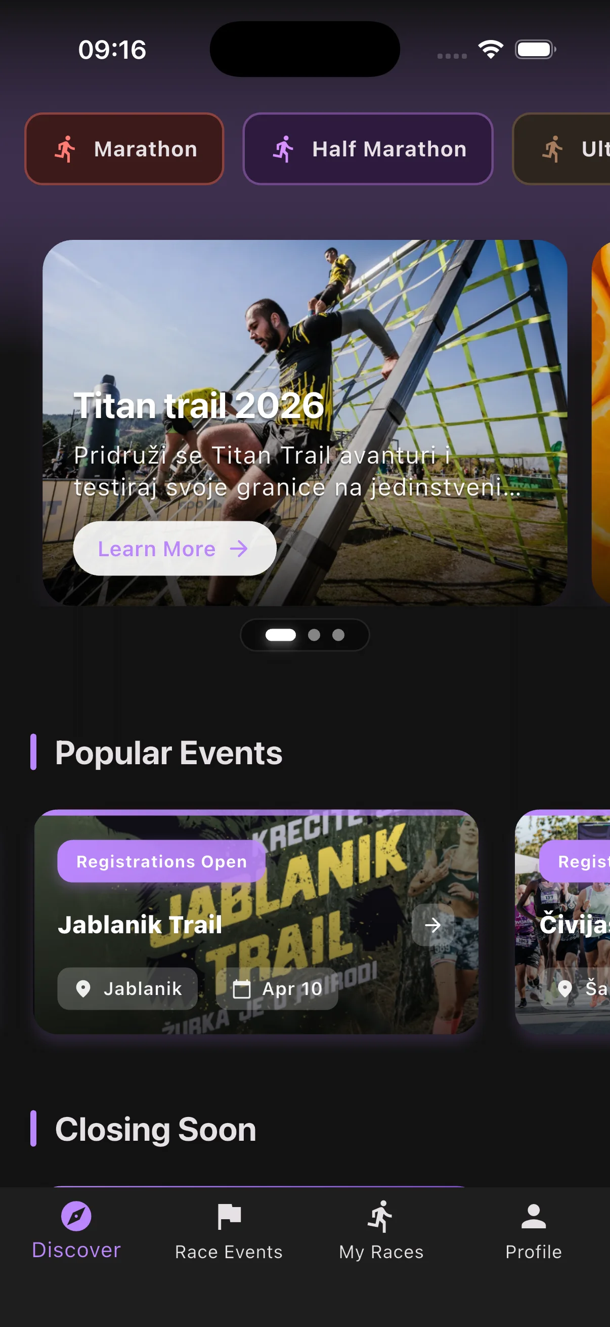 Runqo app discover screen showing nearby races on a map