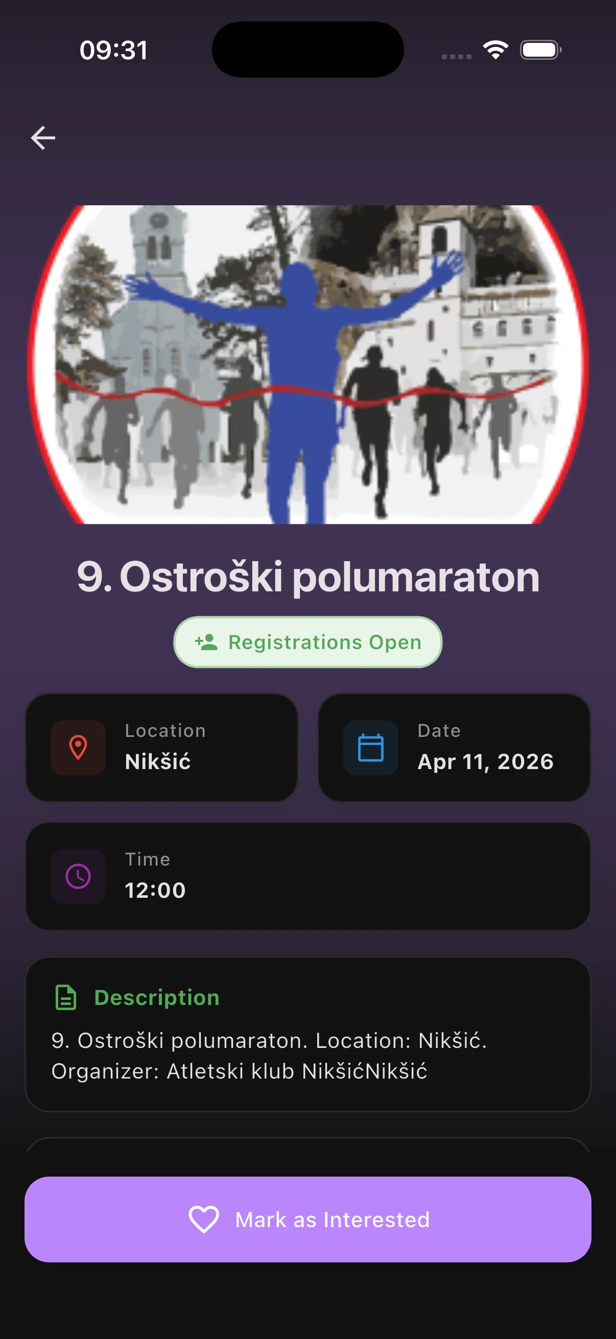 Runqo app race event details with date, distance and registration