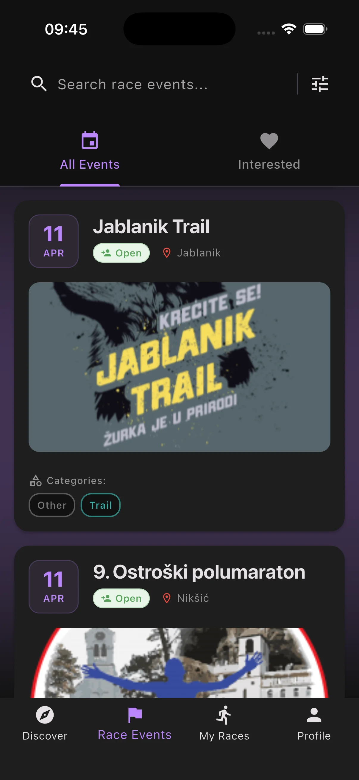 Runqo app race events list with filters